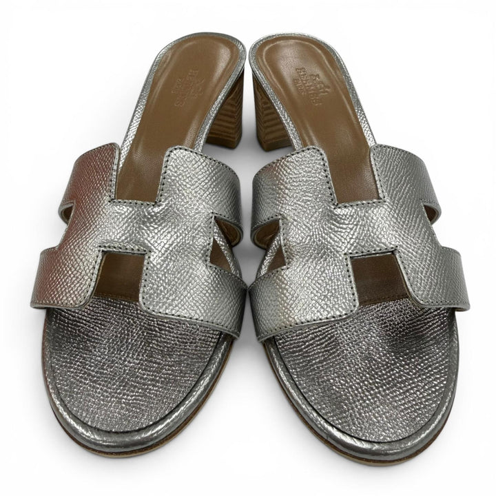 Great HERMES Sandals Oasis H logo leather mules Silver leather Women 36.5