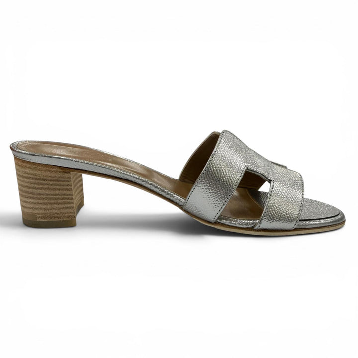 Great HERMES Sandals Oasis H logo leather mules Silver leather Women 36.5