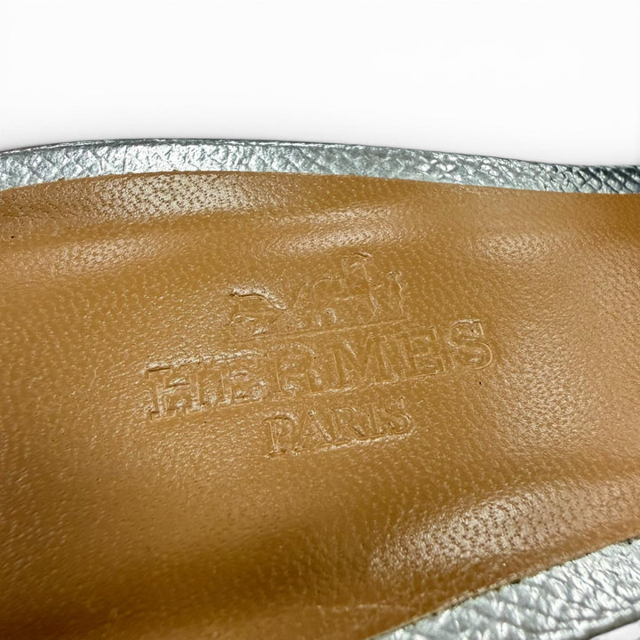 Great HERMES Sandals Oasis H logo leather mules Silver leather Women 36.5