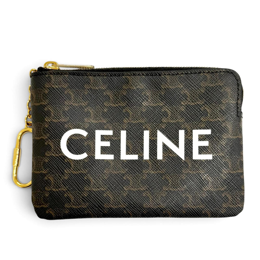 Great CELINE Coin case Macadam Pattern ZIP with Key Chain Brown Triomphe canvas