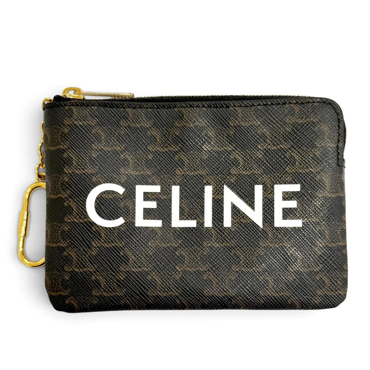 Great CELINE Coin case Macadam Pattern ZIP with Key Chain Brown Triomphe canvas