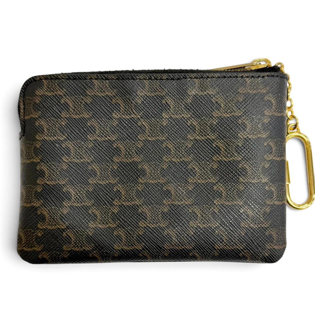 Great CELINE Coin case Macadam Pattern ZIP with Key Chain Brown Triomphe canvas