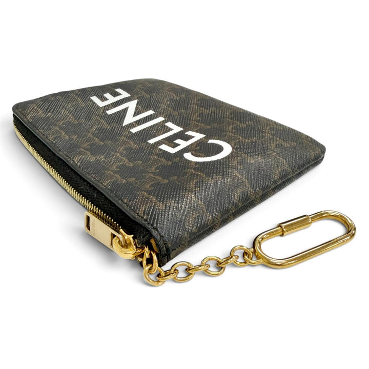 Great CELINE Coin case Macadam Pattern ZIP with Key Chain Brown Triomphe canvas