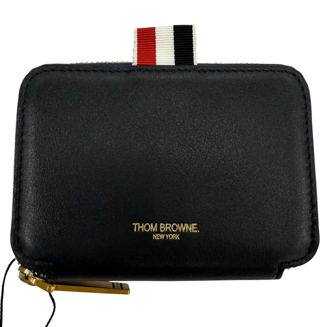 Pristine THOM BROWNE Coin case Zip Around Wallet Pebble Grain Dark navy leather