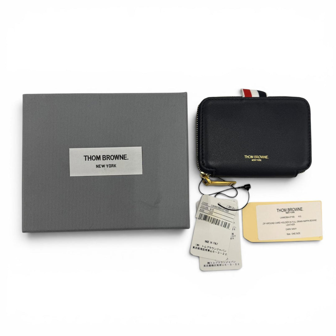 Pristine THOM BROWNE Coin case Zip Around Wallet Pebble Grain Dark navy leather
