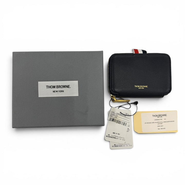 Pristine THOM BROWNE Coin case Zip Around Wallet Pebble Grain Dark navy leather