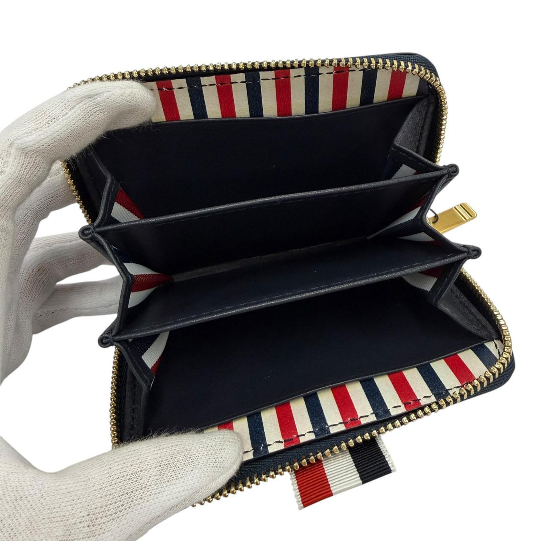 Pristine THOM BROWNE Coin case Zip Around Wallet Pebble Grain Dark navy leather