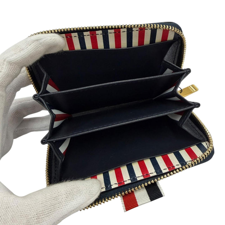 Pristine THOM BROWNE Coin case Zip Around Wallet Pebble Grain Dark navy leather