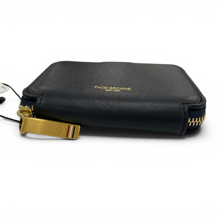 Pristine THOM BROWNE Coin case Zip Around Wallet Pebble Grain Dark navy leather