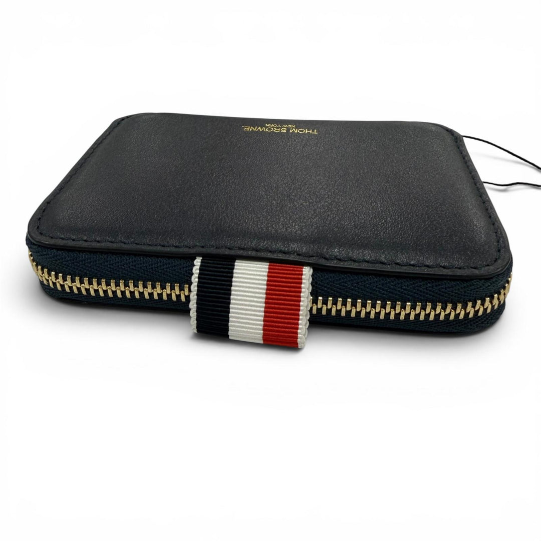 Pristine THOM BROWNE Coin case Zip Around Wallet Pebble Grain Dark navy leather