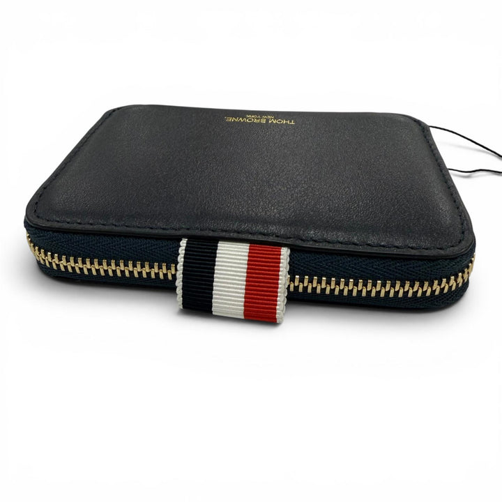 Pristine THOM BROWNE Coin case Zip Around Wallet Pebble Grain Dark navy leather