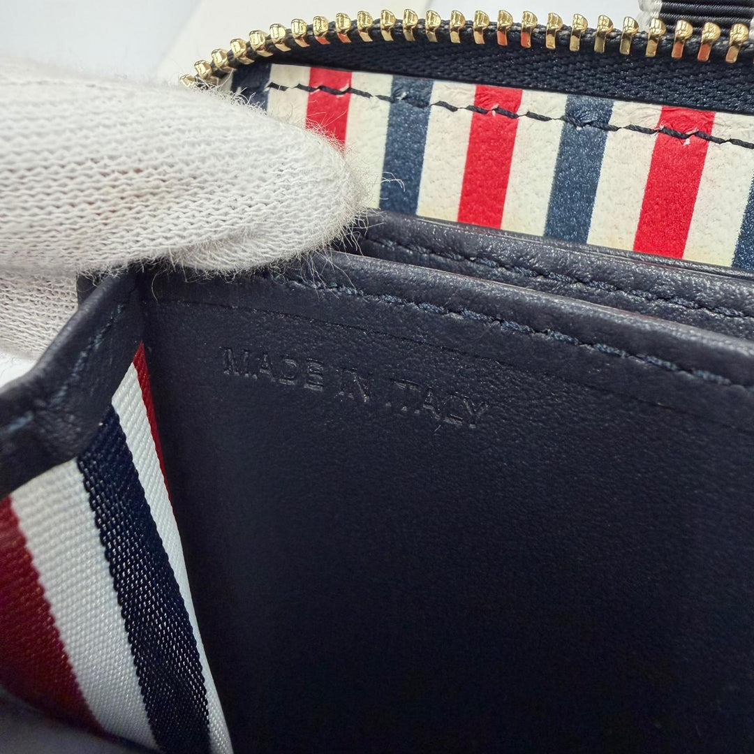 Pristine THOM BROWNE Coin case Zip Around Wallet Pebble Grain Dark navy leather