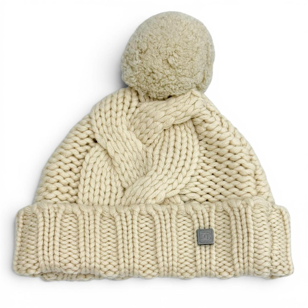 Great CHANEL Knit cap Sports Line COCO MarkMetal with Pom-poms Ivory cashmere