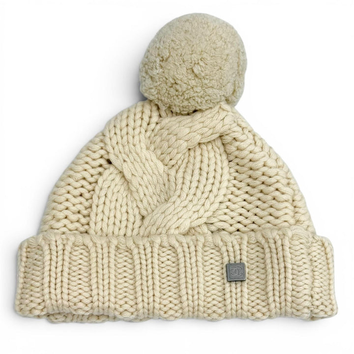 Great CHANEL Knit cap Sports Line COCO MarkMetal with Pom-poms Ivory cashmere