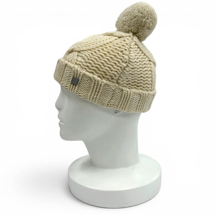 Great CHANEL Knit cap Sports Line COCO MarkMetal with Pom-poms Ivory cashmere