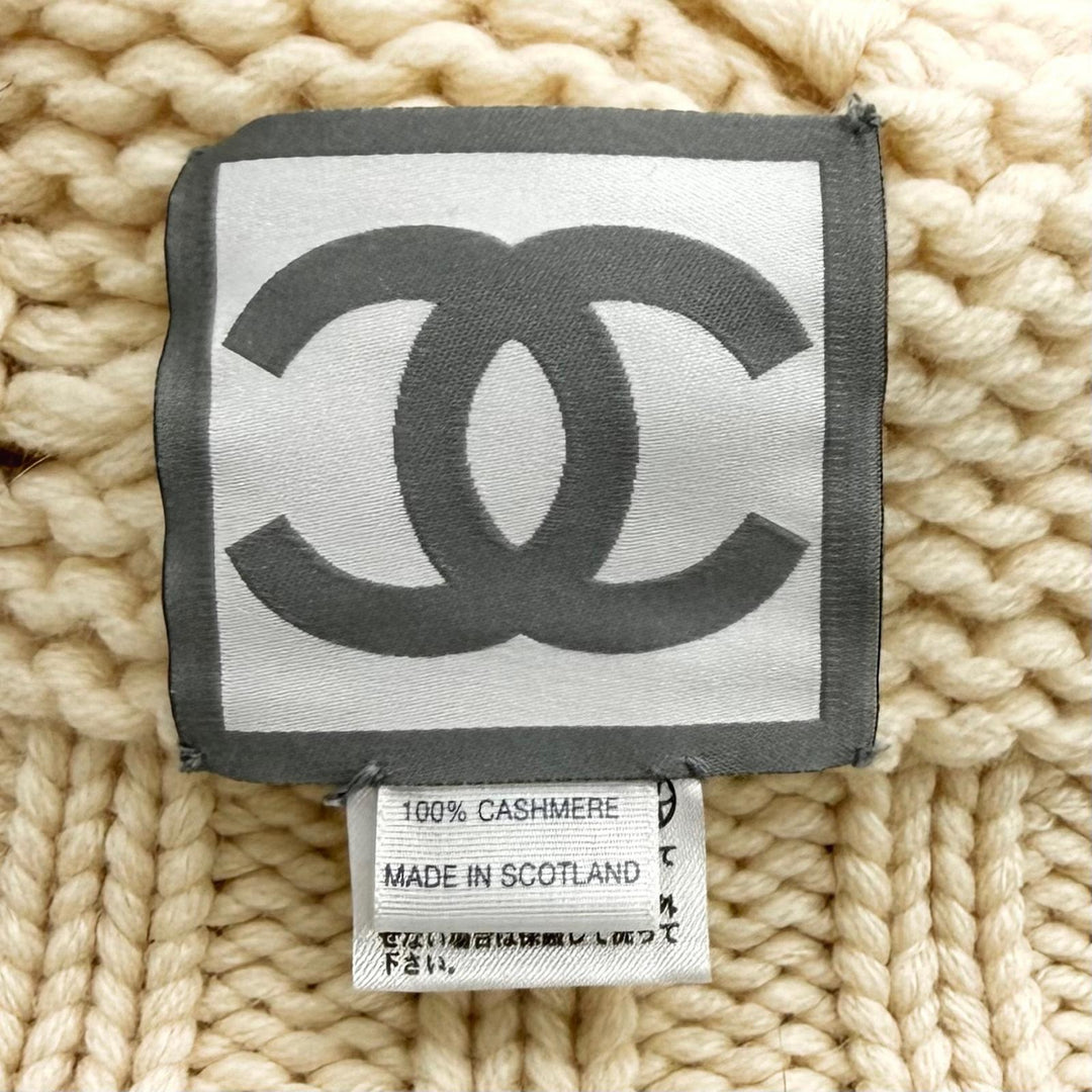 Great CHANEL Knit cap Sports Line COCO MarkMetal with Pom-poms Ivory cashmere