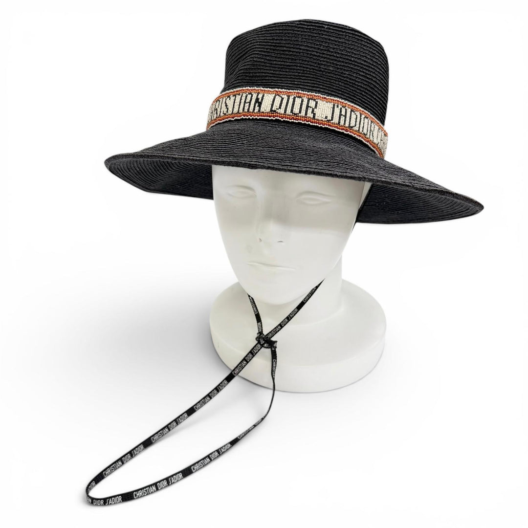 Great Christian Dior JADIOR Beaded Ribbon Straw Hat black Hemp 57 84WLD952G171
