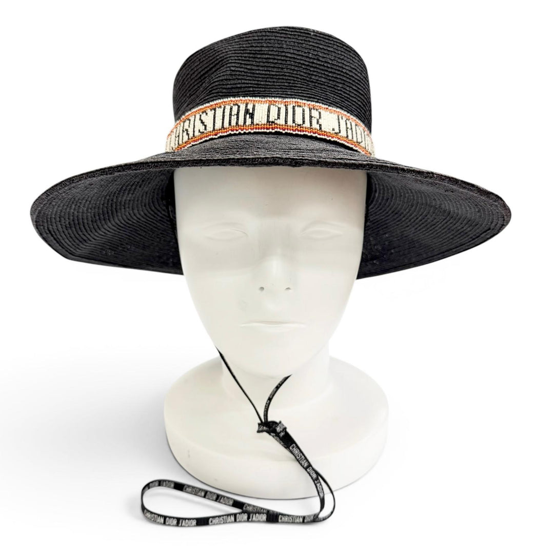 Great Christian Dior JADIOR Beaded Ribbon Straw Hat black Hemp 57 84WLD952G171