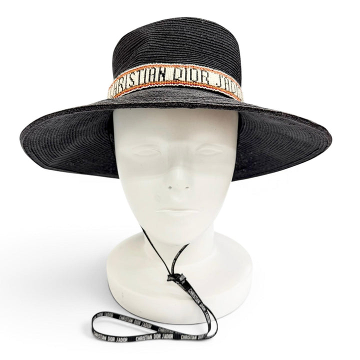 Great Christian Dior JADIOR Beaded Ribbon Straw Hat black Hemp 57 84WLD952G171