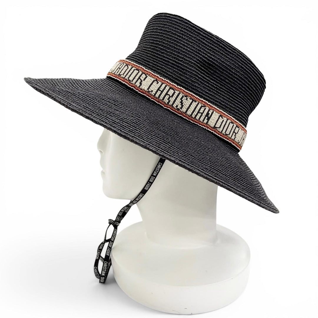 Great Christian Dior JADIOR Beaded Ribbon Straw Hat black Hemp 57 84WLD952G171