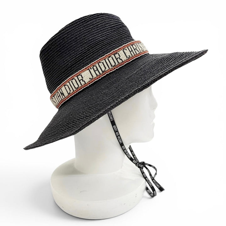 Great Christian Dior JADIOR Beaded Ribbon Straw Hat black Hemp 57 84WLD952G171