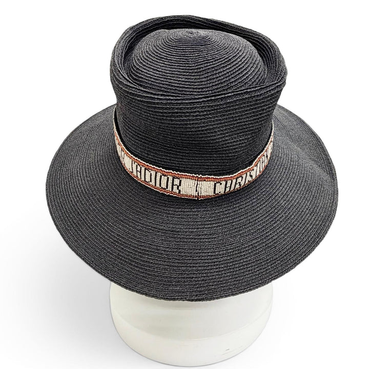Great Christian Dior JADIOR Beaded Ribbon Straw Hat black Hemp 57 84WLD952G171