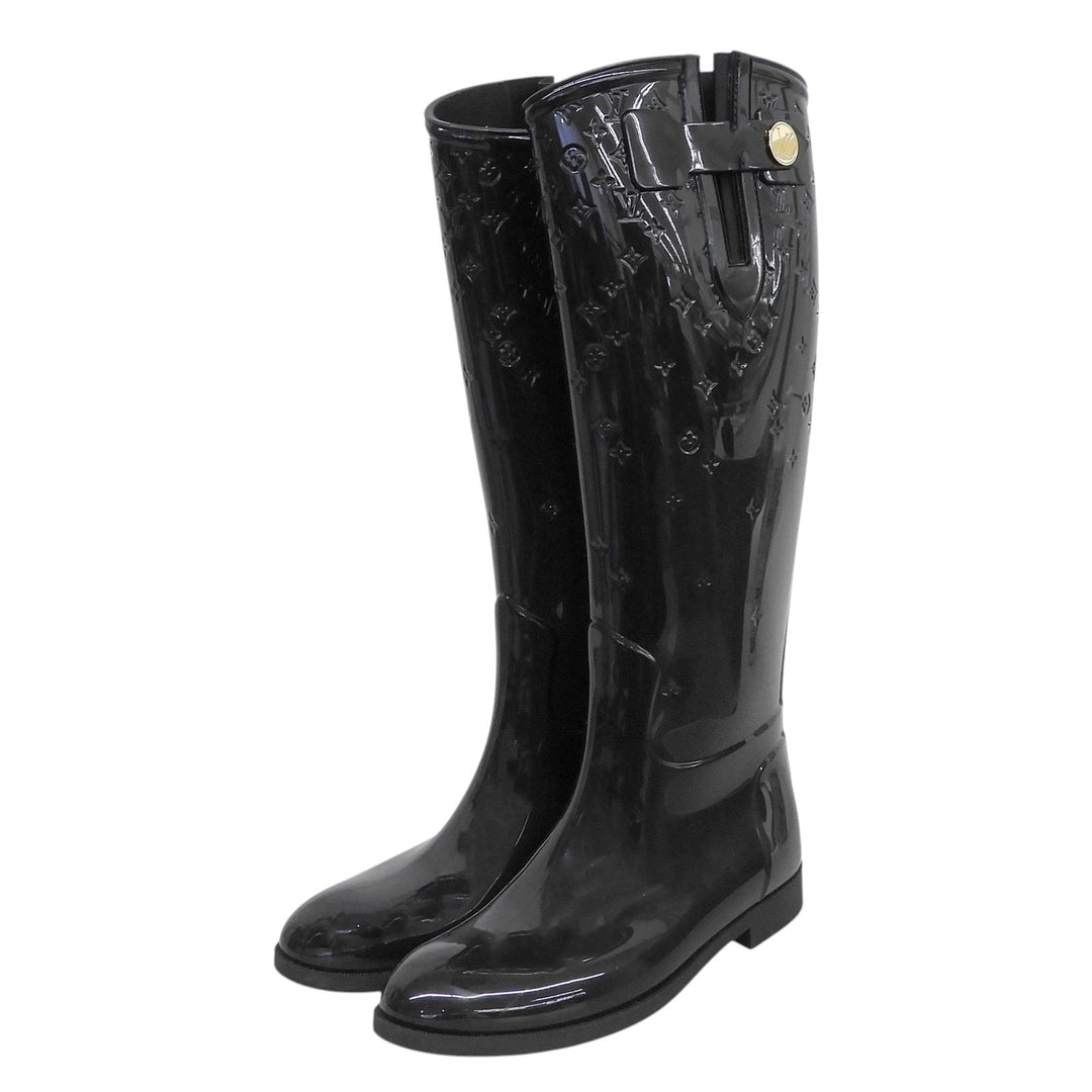 Great LOUIS VUITTON boots Drops line Monogram Flat High black rubber Women 36