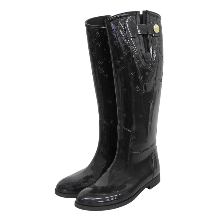 Great LOUIS VUITTON boots Drops line Monogram Flat High black rubber Women 36