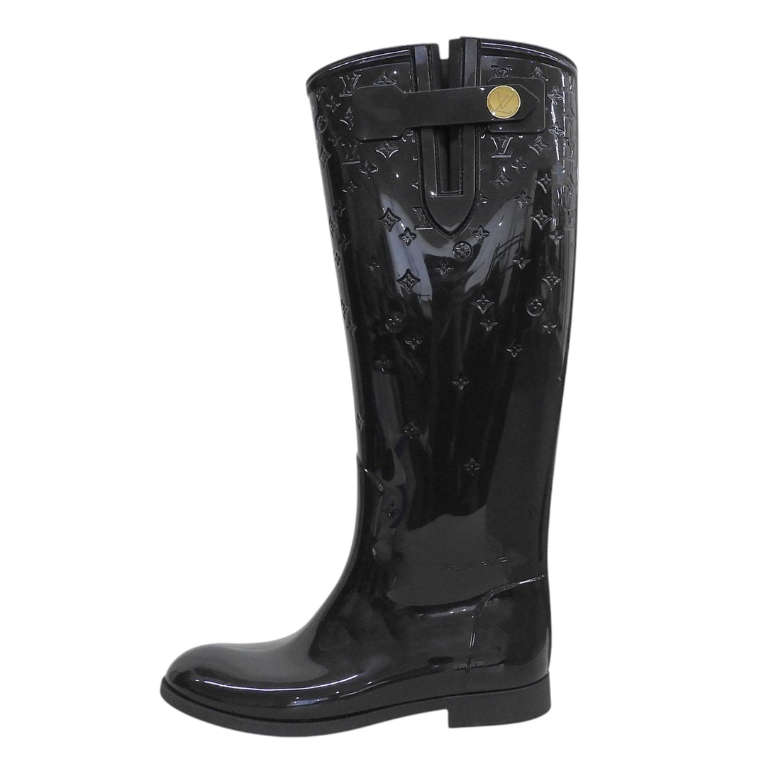Great LOUIS VUITTON boots Drops line Monogram Flat High black rubber Women 36