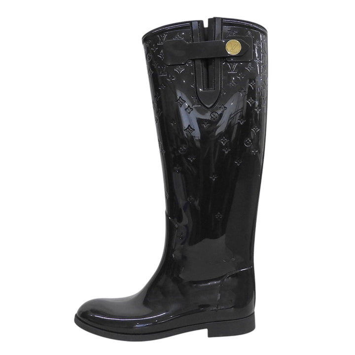 Great LOUIS VUITTON boots Drops line Monogram Flat High black rubber Women 36