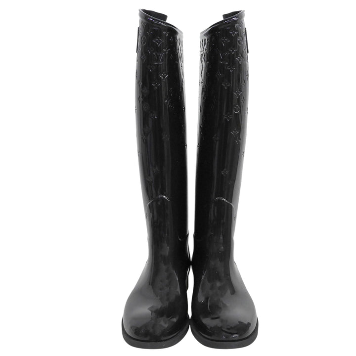 Great LOUIS VUITTON boots Drops line Monogram Flat High black rubber Women 36