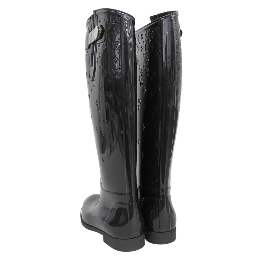 Great LOUIS VUITTON boots Drops line Monogram Flat High black rubber Women 36