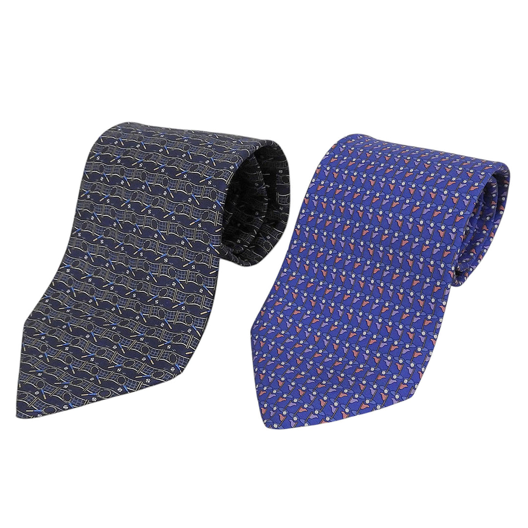 Pristine Salvatore Ferragamo Golf and Tennis Patterned Tie Set (2 pieces) Navy