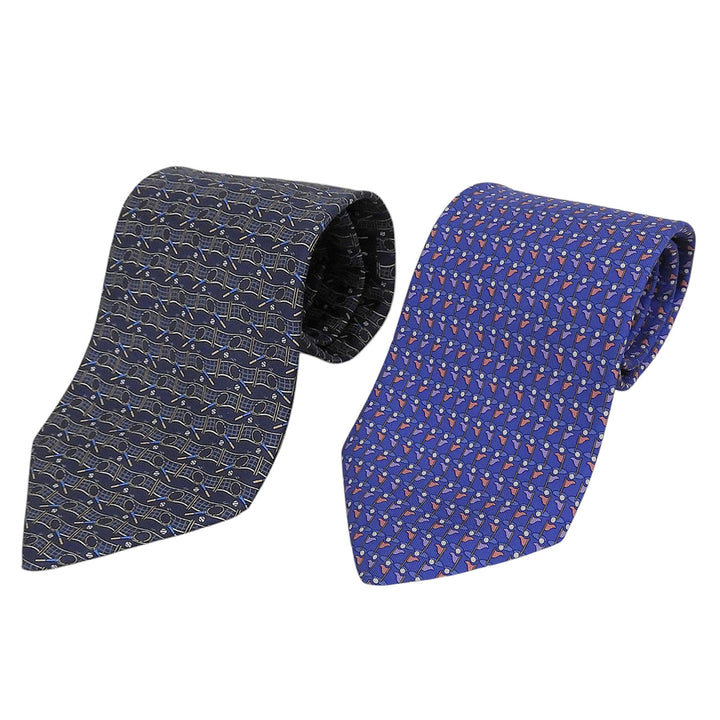 Pristine Salvatore Ferragamo Golf and Tennis Patterned Tie Set (2 pieces) Navy
