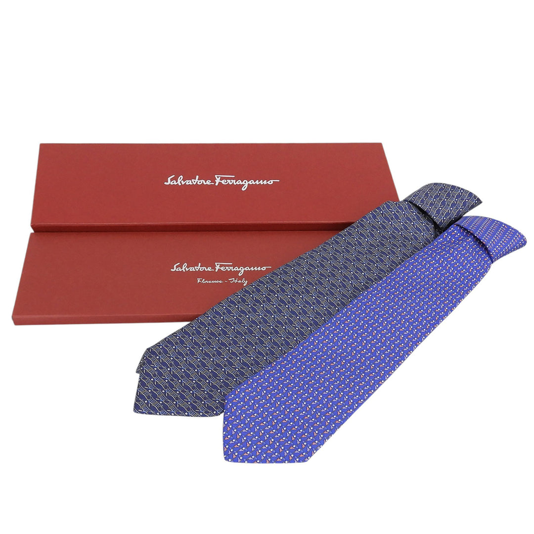 Pristine Salvatore Ferragamo Golf and Tennis Patterned Tie Set (2 pieces) Navy