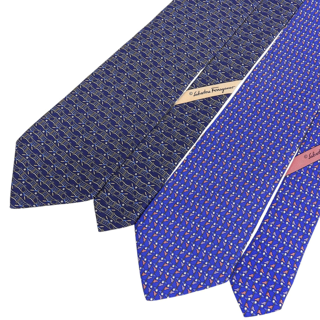 Pristine Salvatore Ferragamo Golf and Tennis Patterned Tie Set (2 pieces) Navy