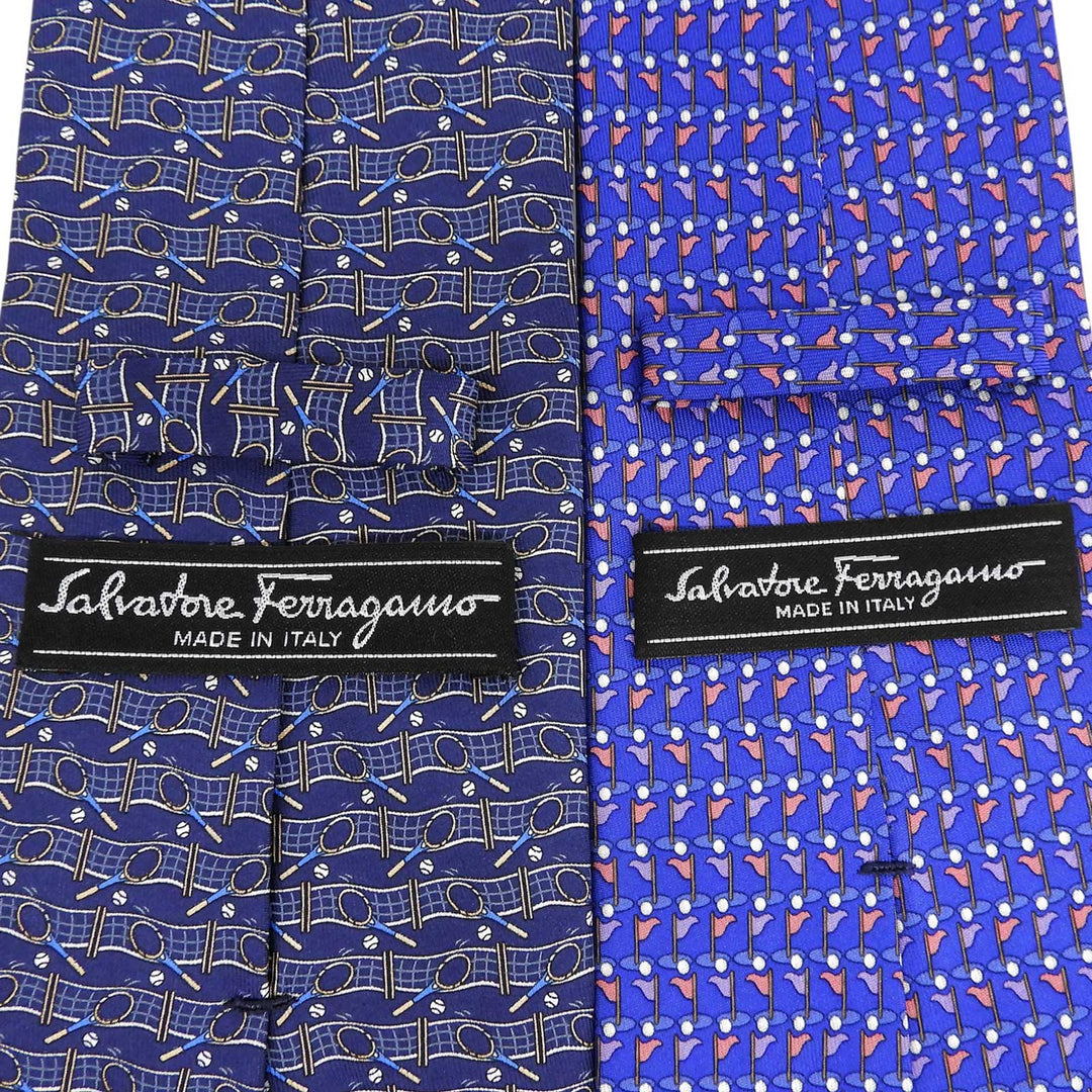 Pristine Salvatore Ferragamo Golf and Tennis Patterned Tie Set (2 pieces) Navy