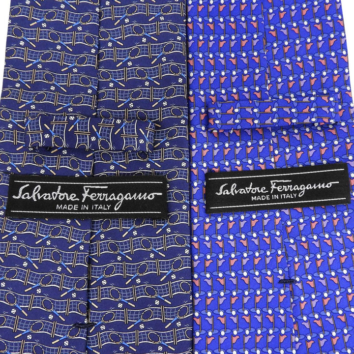 Pristine Salvatore Ferragamo Golf and Tennis Patterned Tie Set (2 pieces) Navy