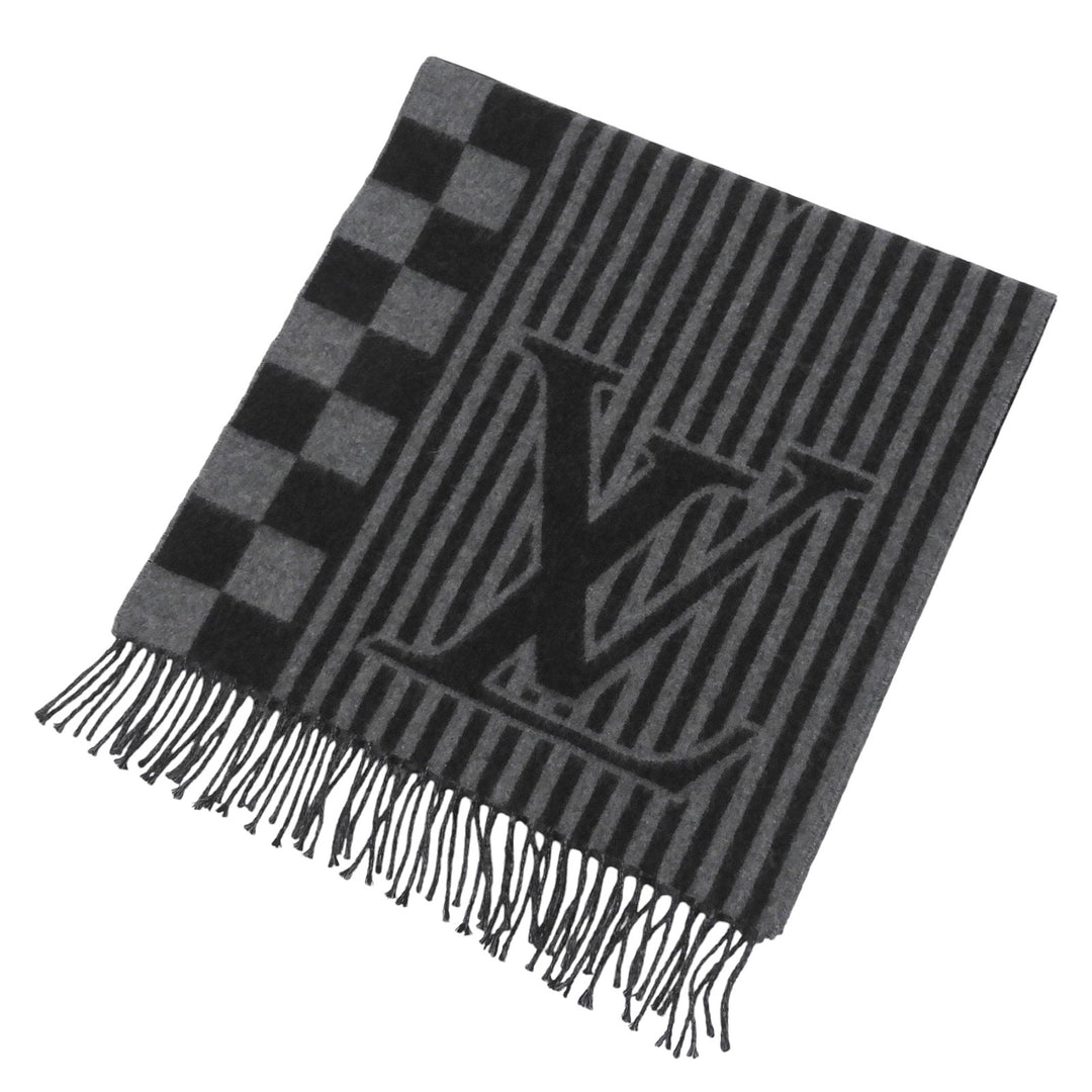 Excellent LOUIS VUITTON Scarf Echarpe Graphical fringe black cashmere M00497