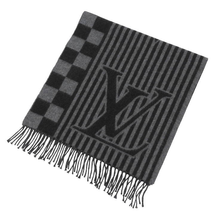 Excellent LOUIS VUITTON Scarf Echarpe Graphical fringe black cashmere M00497