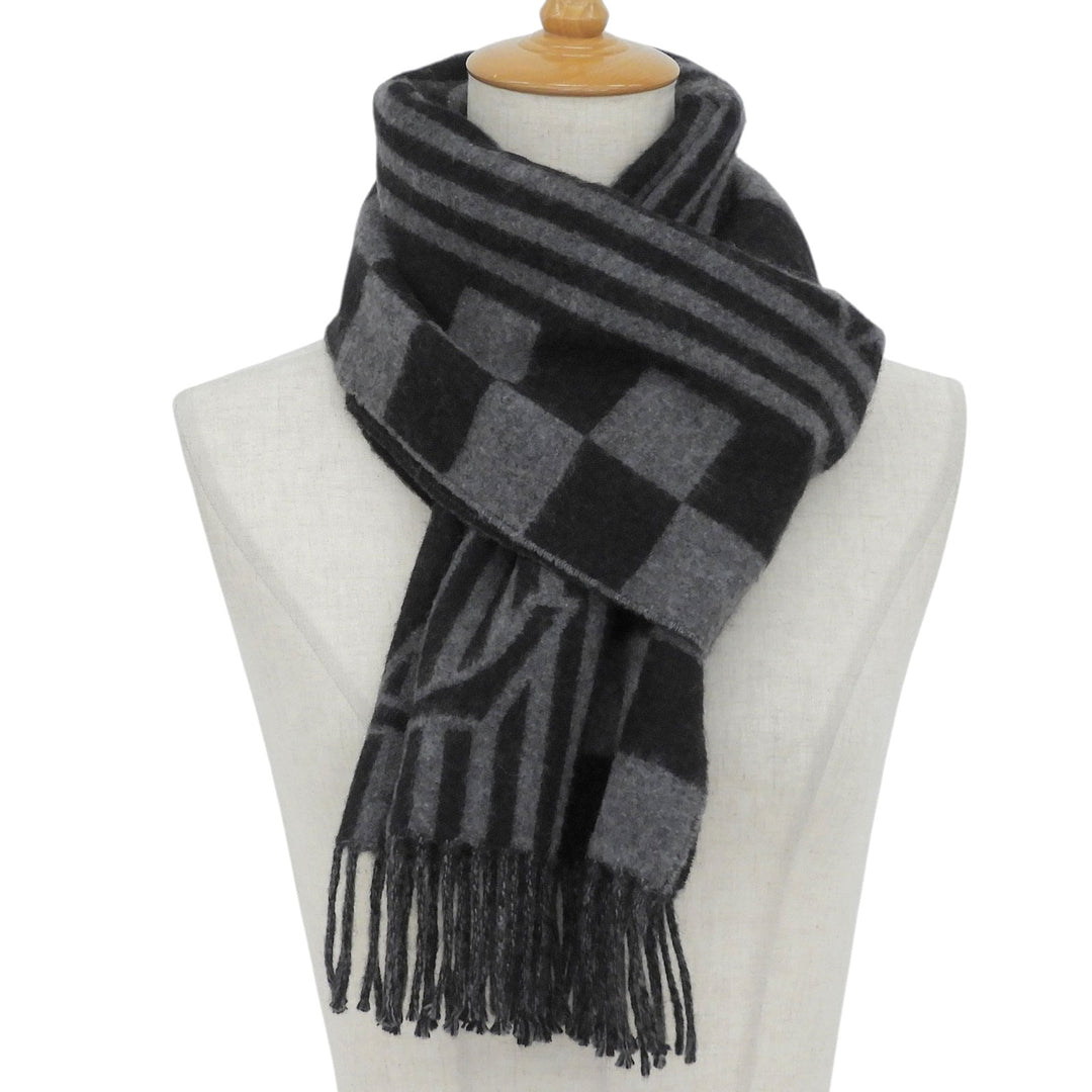Excellent LOUIS VUITTON Scarf Echarpe Graphical fringe black cashmere M00497