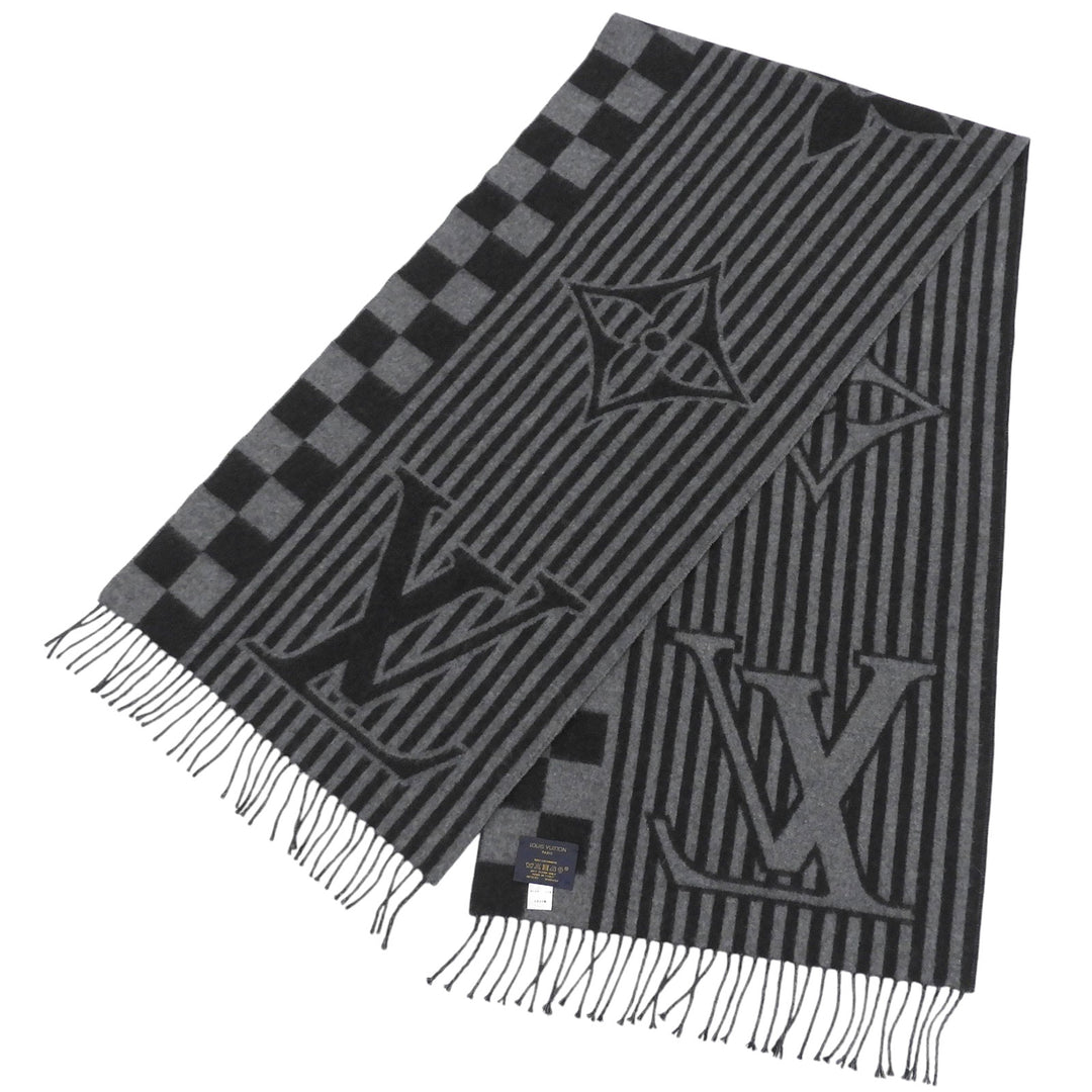 Excellent LOUIS VUITTON Scarf Echarpe Graphical fringe black cashmere M00497
