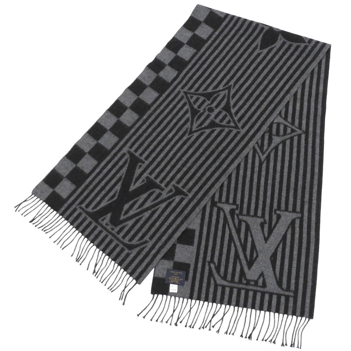 Excellent LOUIS VUITTON Scarf Echarpe Graphical fringe black cashmere M00497