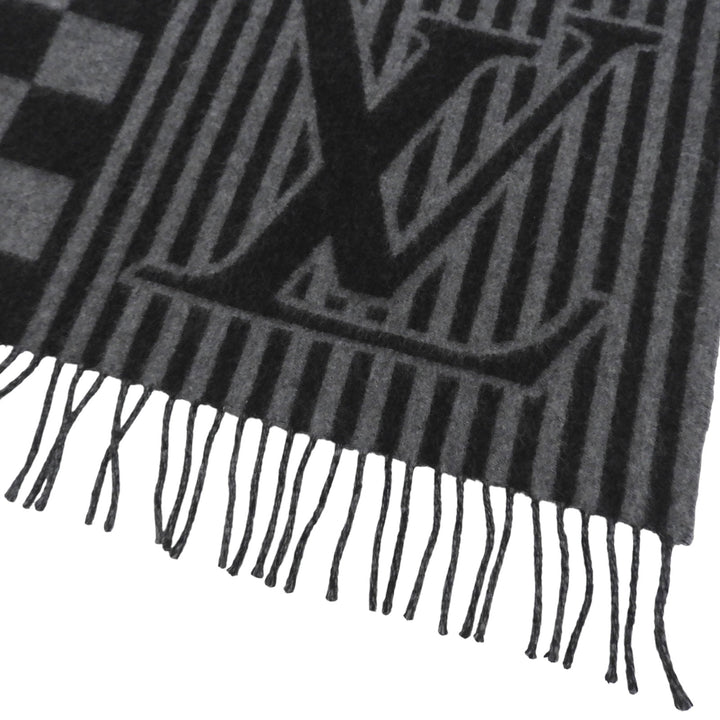 Excellent LOUIS VUITTON Scarf Echarpe Graphical fringe black cashmere M00497