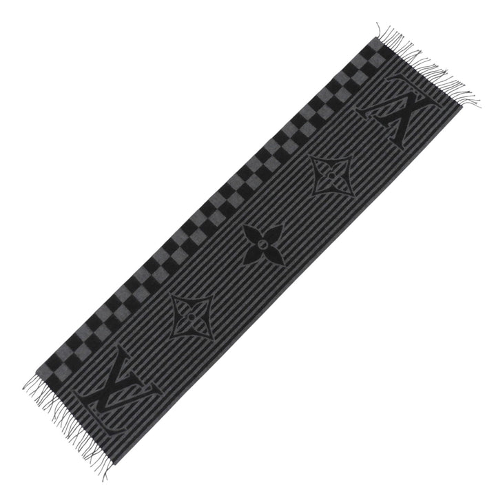 Excellent LOUIS VUITTON Scarf Echarpe Graphical fringe black cashmere M00497