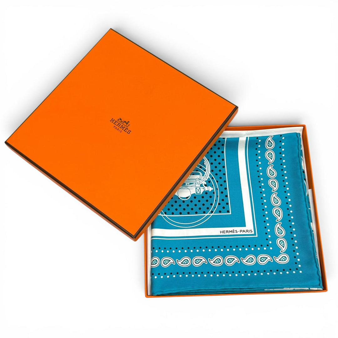 Excellent HERMES scarf Ex-Libris Turquoise silk Women