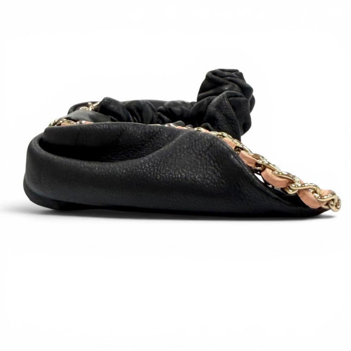 Great CHANEL Shush Chain detail COCO Mark leather ribbon black leather A22S