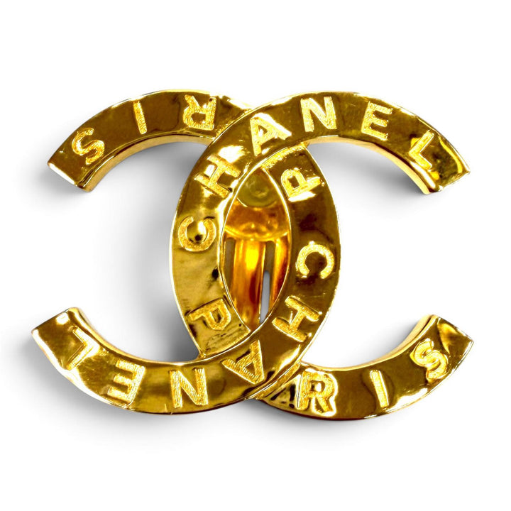 Great CHANEL Earring COCO Mark logo design, large size gold Women B20A