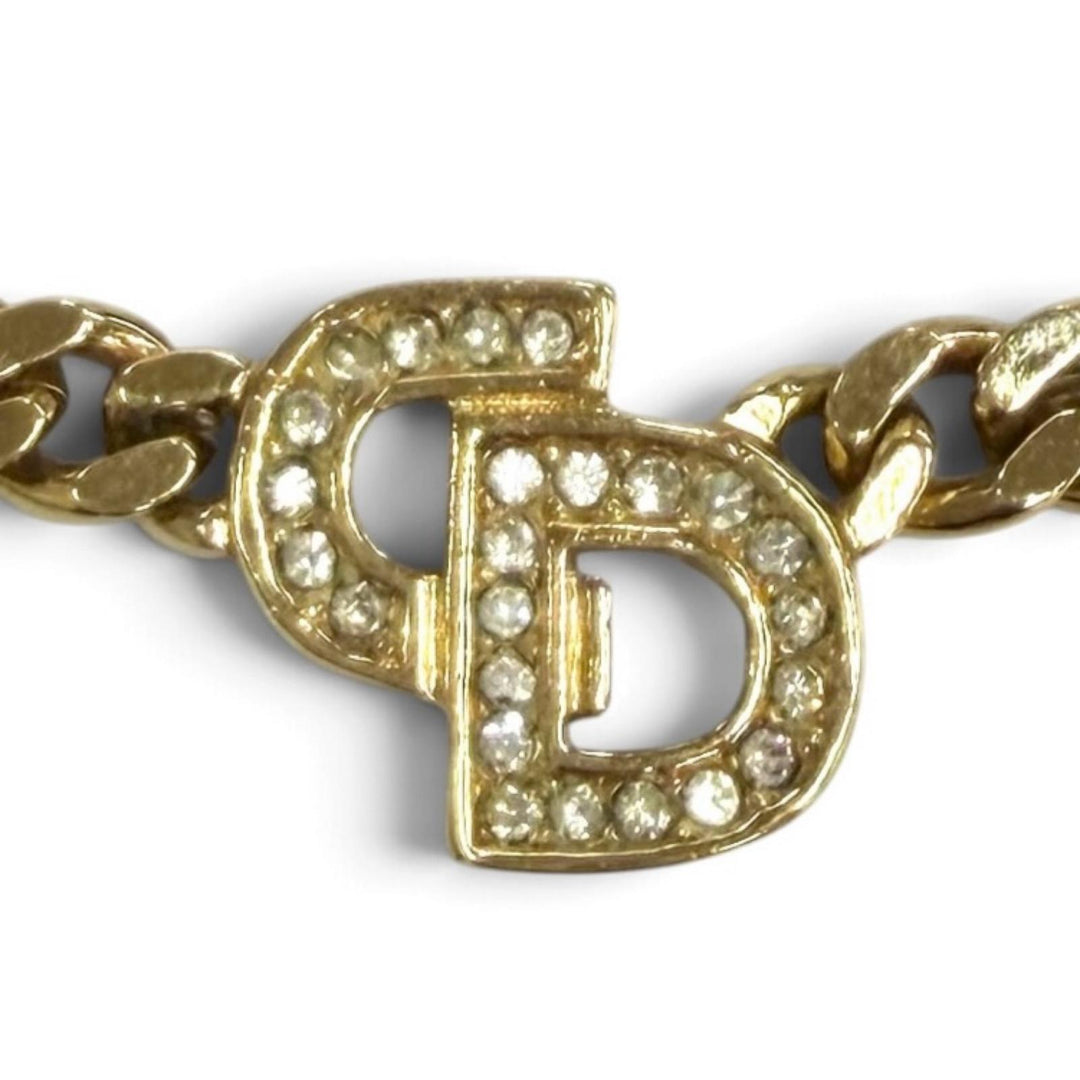 Great Christian Dior Necklace CD logo rhinestone curb chain choker gold Women