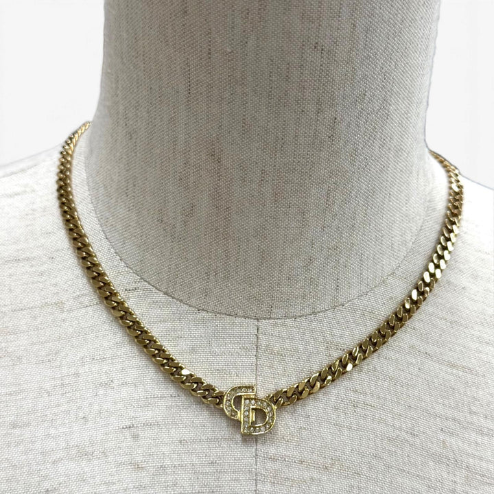Great Christian Dior Necklace CD logo rhinestone curb chain choker gold Women